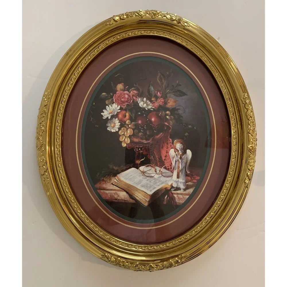 Vtg. Home Interiors Syroco style Floral Frame Bible Verse Angel Print Gold Frame